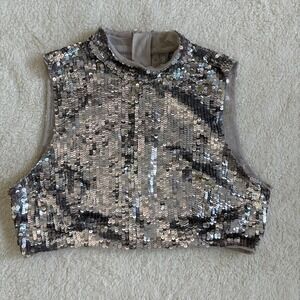 ASOS Sequin High Neck Crop Top Women's 8 Silver Disco Zipper Party Going Out